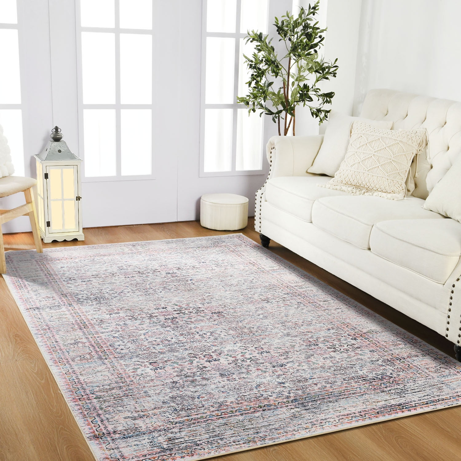 Wondo Floral Washable Rugs, 4x6 Area Rug for Living Room, Soft Large Boho Bedroom Rug, Botanical Non Slip Ultra Thin Floor Carpet for Dining Room Nursery Office, Light Pink