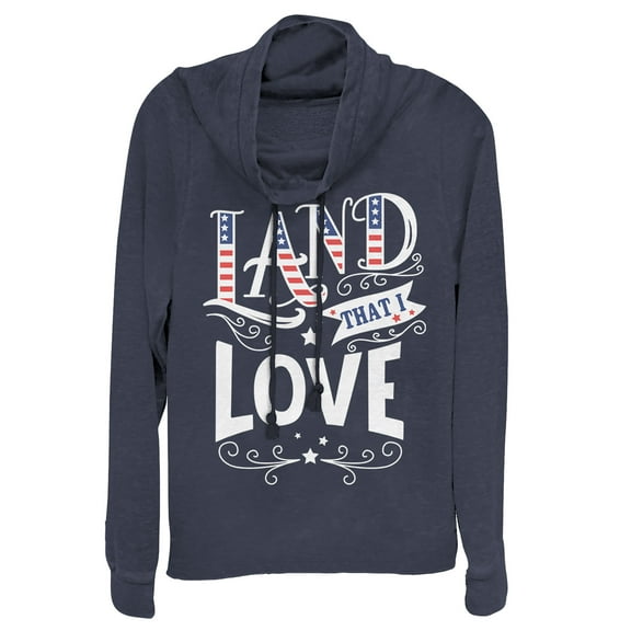 Junior's Lost Gods Fourth of July America Love Land Cowl Neck Sweatshirt Navy Blue Large