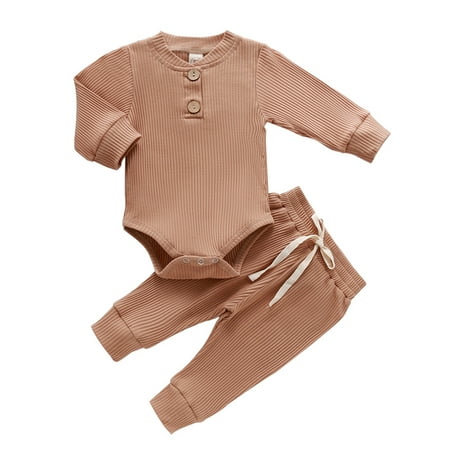 

Bebiullo Infant Baby Knit Outfits Suits Buttons Romper Top Long Pant 2PCS