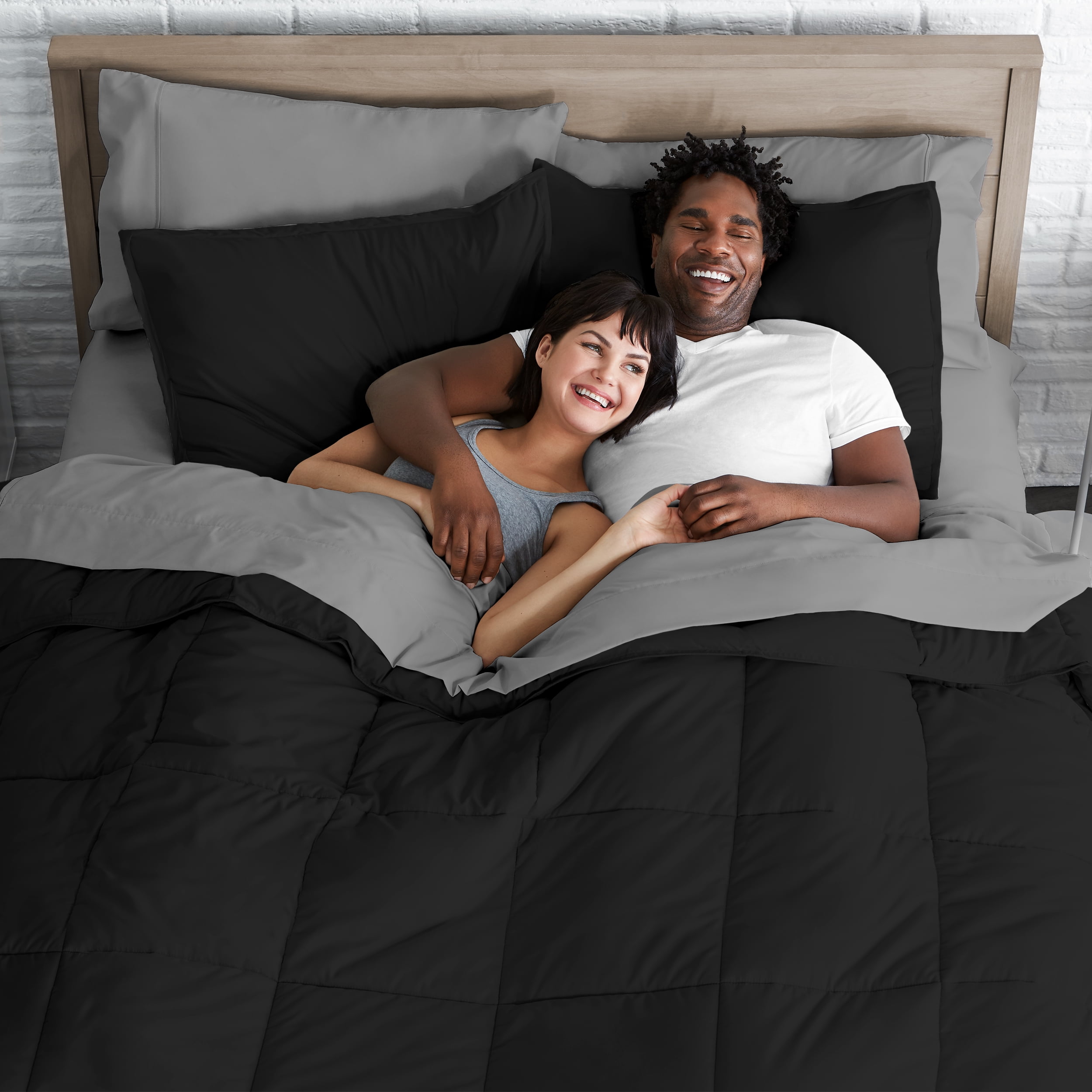Bare Home Microfiber 7-Piece Black and Light Gray Bed in a Bag, Full
