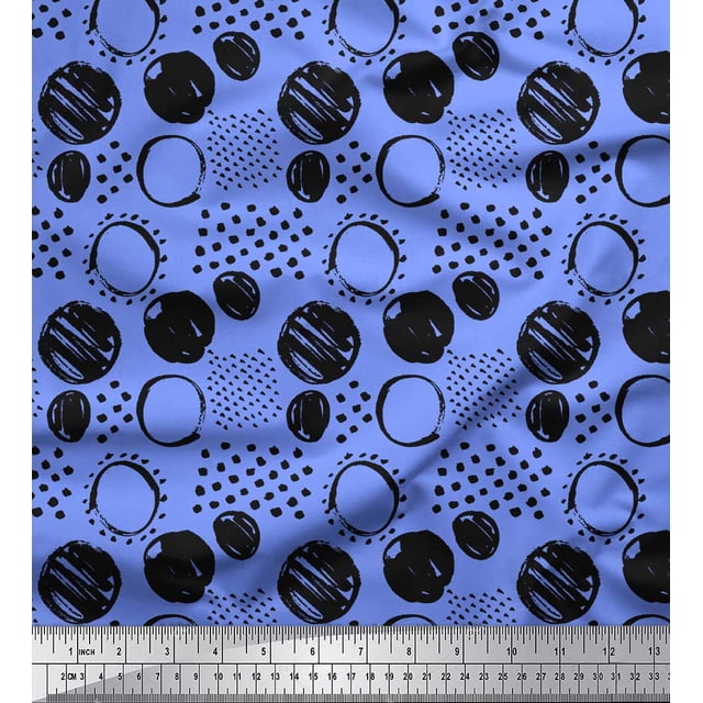 Soimoi Blue polyester Crepe Fabric Dots & Circle Geometric Printed Fabric 1 Yard 52 Inch Wide