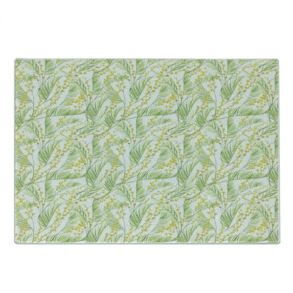 Garden Art Cutting Board, Watercolor Mimosa Pattern Wild Spring Flowers Brush Strokes Effect, Decorative Tempered Glass Cutting and Serving Board, Small Size, Apple Green and Yellow, by Ambesonne