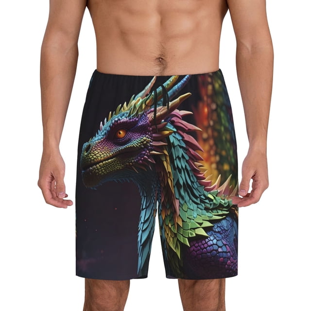 Balery Dragon with Colorful Tail Pantalones cortos de pijama de punto de algodón para hombre con cinturilla y bolsillos-Large