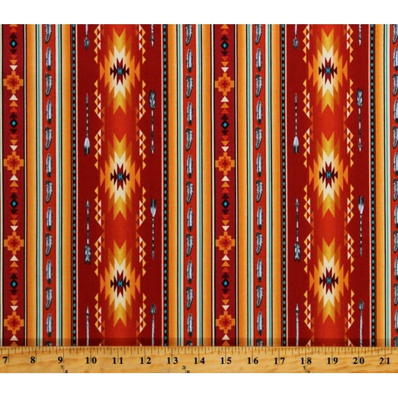 Cotton Southwestern Stripes Feathers Arrows Orange Yellow Gold Turquoise Tribal Native Spirit Cotton Fabric Print by the Yard (530TERRACOTTA)