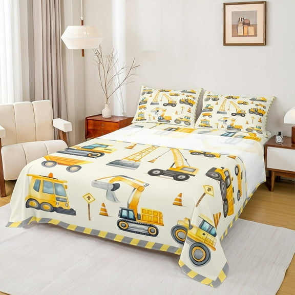Manfei Yellow Tractor Bed Sheets Twin, Cartoon Vehicle Twin Sheet Sets, Construction Truck Bedding Sets Twin Size, Ultra Soft Bedroom Decor, 3pcs