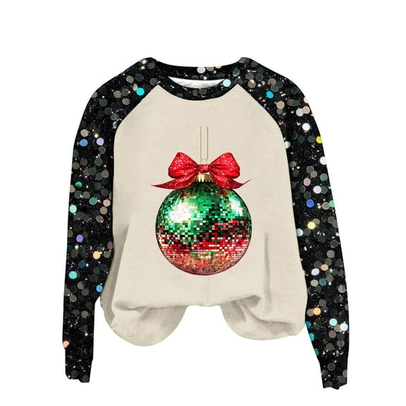 Cmfcve Women's Ugly Christmas Sweatshirt Oversized Sequins Patchwork Print Pullover Raglan Long Sleeve Crew Neck Xmas Base Apparel