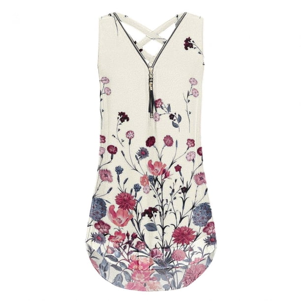 Camisetas sin mangas para mujer, camisetas con dobladillo cruzado en la espalda a la moda de verano, camisetas informales sin mangas con cremallera y cuello en V, camisetas estampadas Pompotops lopia998909