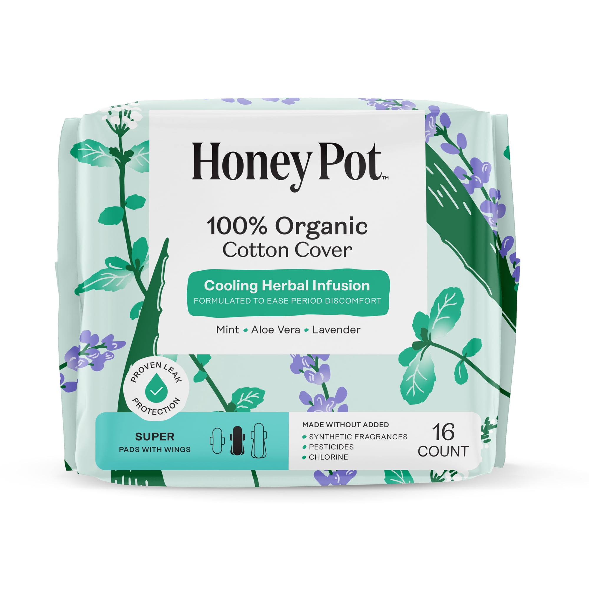 Honey Pot 100% Organic Cotton Cover Cooling Herbal Infusion Super Pads, 16 Count