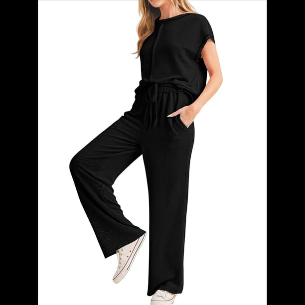 Conjunto Informal de Dos Piezas de Punto Acanalado para Mujer, Camiseta de Corta y Pantalón , Ideal para el Hogar y para Viajes Negro XXL