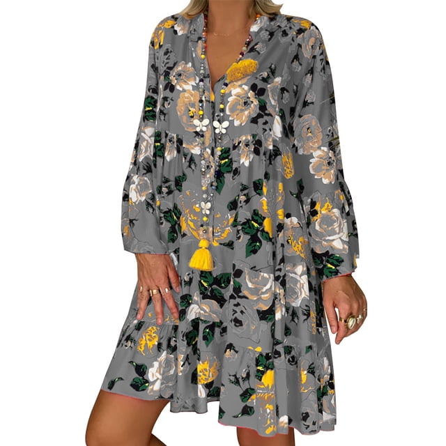 Mini Robe pour Femmes Été Femmes Dames Ample Imprimé Manches Trois Quarts Mini Robe Robe Été Robe Manches 3/4 pour Femmes Robe Été pour Femmes Robe Été Femmes