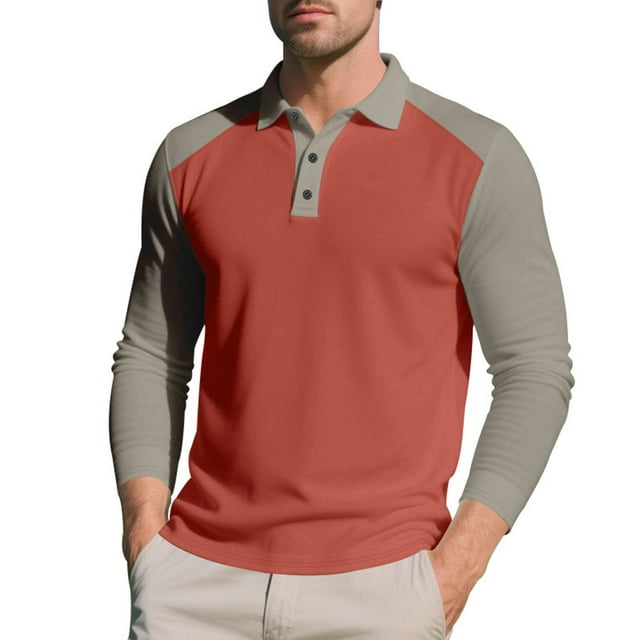 Diufon Long Sleeve Work Shirts for Men Lapel Button V Neck Slim Tops Color Blocked Fall Fashion Clothes