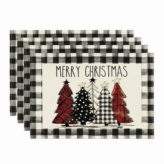 Waterclor Buffalo Plaid Christmas Trees Placemats Set of 4, 12x18 Inch Winter Table Mats for Outdoor Home Party Kitchen Dining Decor
