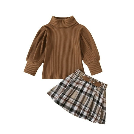 

GWAABD Baby Sets for Girls Coffee Cotton Toddler Kids Baby Girls Long Bubble Sleeve Ribbed Solid Tops Blouse Plaid Skirt Outfit Clothes Set 2PCS 130