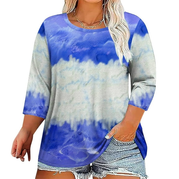 Womens Tops Fall Clearance Long Sleeve Printed Round Neck Plus Size T-shirt Blue 4XL