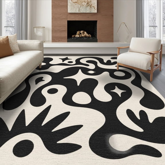 ODIKA 8'x10' Washable Area Rug Non-Slip Chair-Friendly Mat Black White Abstract Artistic Design Contemporary Fluid Shapes with Star Motifs for Dining Room, Large Office, Lounge