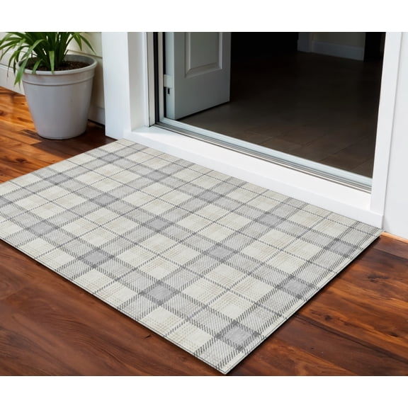 3' X 5' Silver And Gray Plaid Washable Indoor Outdoor Area Rug