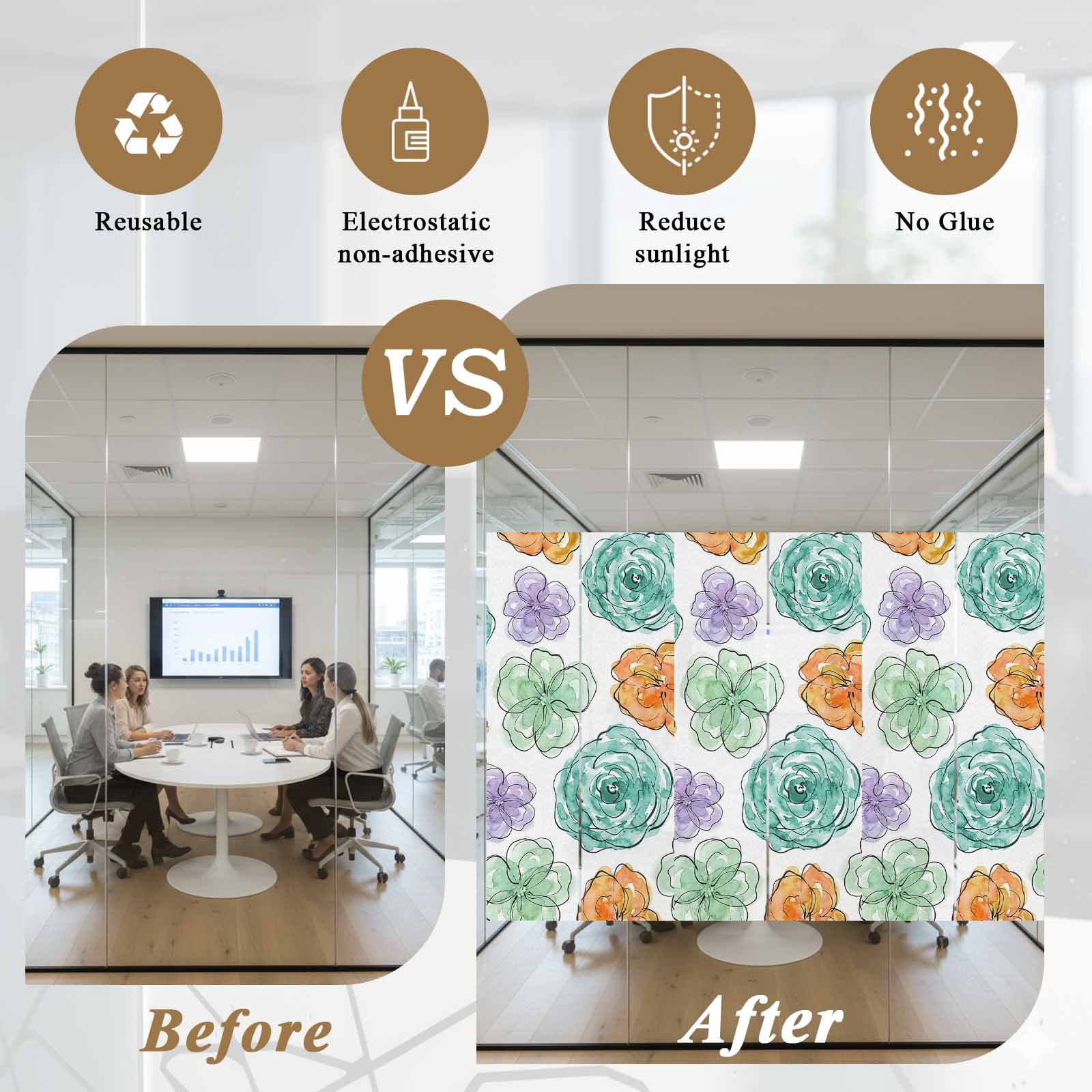 Abstraction Art Window Privacy Film, Watercolors Flowers Minimalist Lines Modern Frosted Glass Window Clings Static Cling UV Heat Blocking Reusable Door Sticker for Bathroom 23.6 x 59 Inch