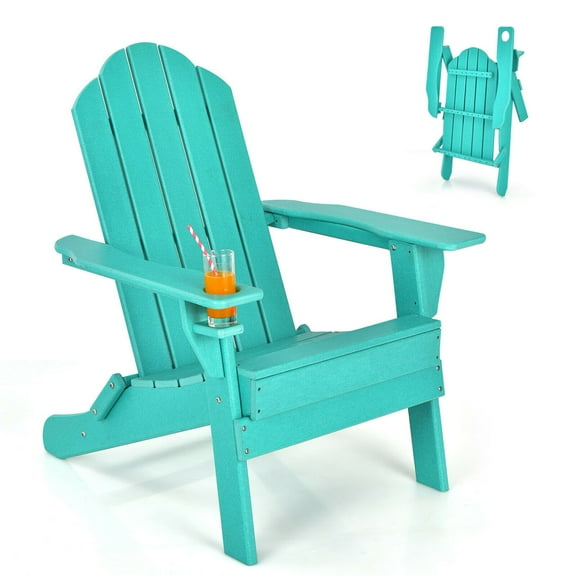 Gymax Patio Folding Adirondack Chair Weather Resistant Cup Holder Yard Turquoise