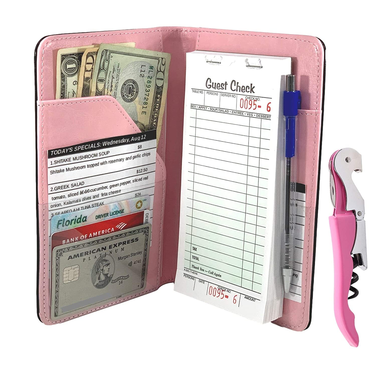 5 x 9 Size with Zipper Cash Pocket Restaurant Staff Waitress Money Check Holder and Server Wallet Server Book for Waiters Organizer Wine Opener and Pen Holder Lime Green 