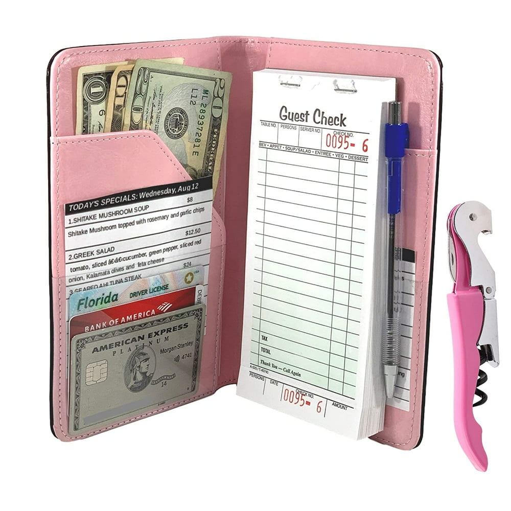 Waitress Server Book Wallet Organizer Pink Bundled with Wine Opener