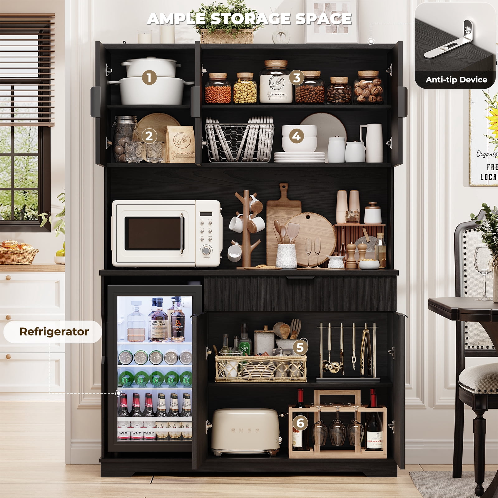 BROTTAR 69" Fluted Wine Bar Cabinet with Fridge (Included), Modern Coffee Bar Cabinet with Storage Hutch, Tall Mini Fridge Cabinet with Drawers, Kitchen Pantry for Living Room, Dining Room, Black