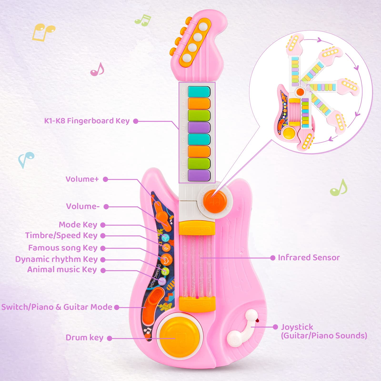 Unbranded 2-in-1 Kids Toy Guitar and Piano Keyboard, Foldable Musical Instrument for Toddlers 3-5, Light Up Learning Toy with Infrared Sensors