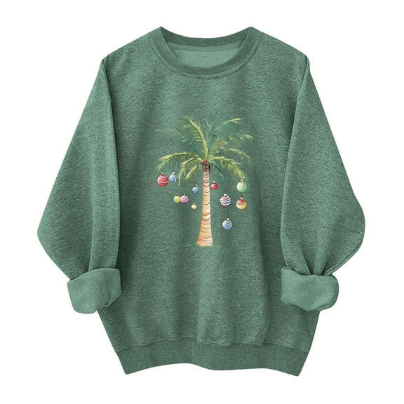 SYMOID Womens Oversized Christmas Cotton Sweatshirt, Palm Tree Bauble Print, Comfortable Breathable, Green, S-XXL,Size M