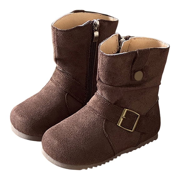 Girls Winter Riding Boots Vintage Suede Round Toe Antislip Flat Mid Calf Booties Trendy Buckle Strap Zipper Moto Boots 9 Toddler Brown