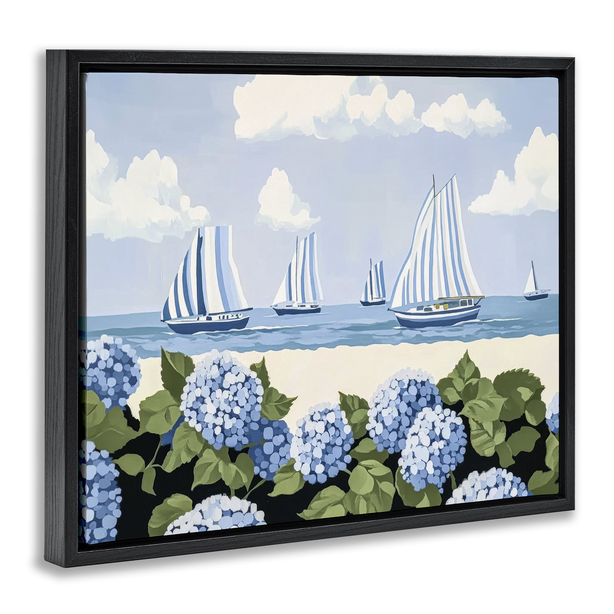 Stupell Industries Striped Sails & Seaside Hydrangeas Black Framed Floater Canvas Wall Art, design by Sisi and Seb