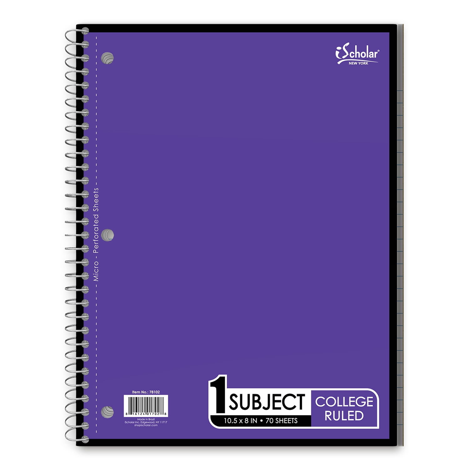iScholar 1 Subject Notebook, 10.5' x 8', College Rule, 70 Sheets, Purple (78102-PU)