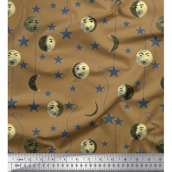 Soimoi Polyester Crepe Fabric Moon & Stars Galaxy Decor Fabric Printed Yard 42 Inch Wide