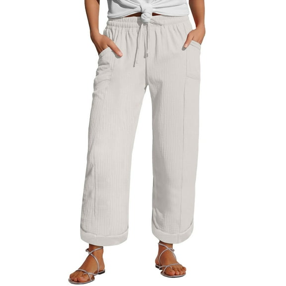 Pxiakgy Linen Pants for Women Casual Pants Elastic and Comfortable Fabric Pants Sports and Leisure Beach Comfy Casual Pants Lightweight Loose Trousers Summer Beach Vacation Outfits 2025 Beige L