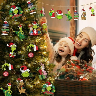 Bootesun 24 PCS Griinch Christmas Tree Ornaments, Hanging Xmas Grinch Wooden Decorations, Unique Christmas Tree Decorations