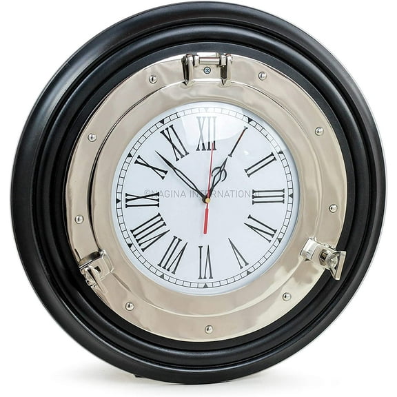 Porthole On Black Wooden Base (08 Inches, Clock)