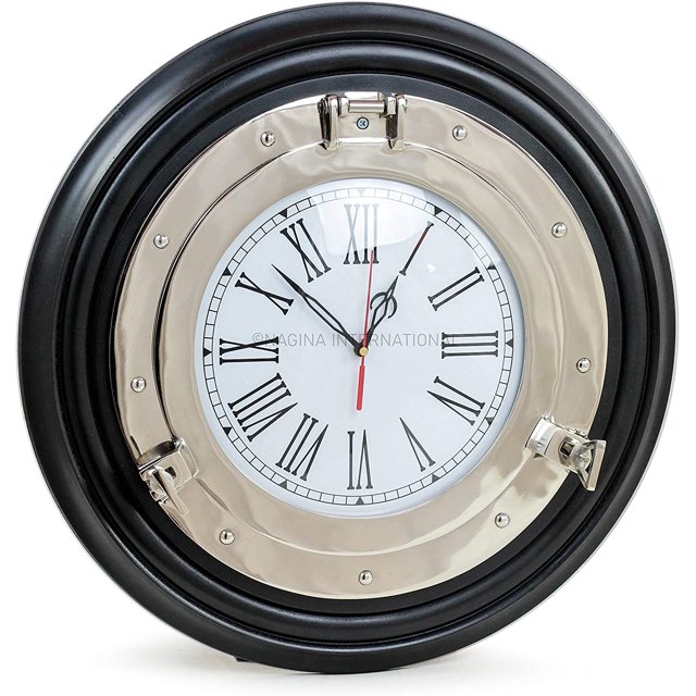 Porthole On Black Wooden Base (08 Inches, Clock)
