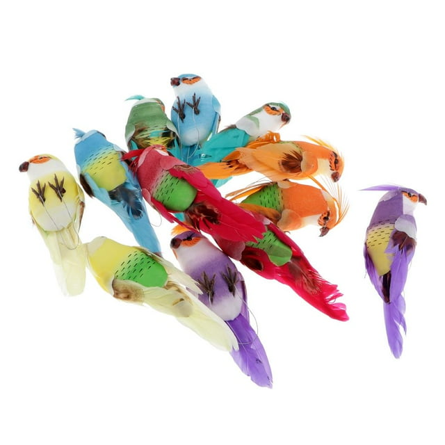 Juego de 12 loros de plumas artificiales de espuma de colores con garras para decoración del hogar.