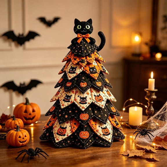 DIY Halloween Quilted Fabric Tree Kit, 3D Layered Fabric Sewing Craft Kit, Padded Tabletop Decor for Mantel Shelf Home Display (Style A)