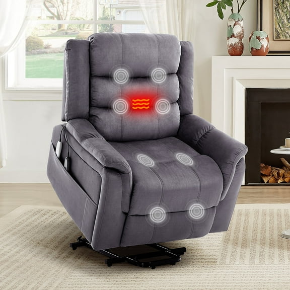 Bestier Oversize Massage Lift Recliner with Heat and Vibration, Power Lift Recliner Chair for Living Room, Side Pockets, Comfy Padded & Overstuffed Soft Fabric, 350lbs, Gray