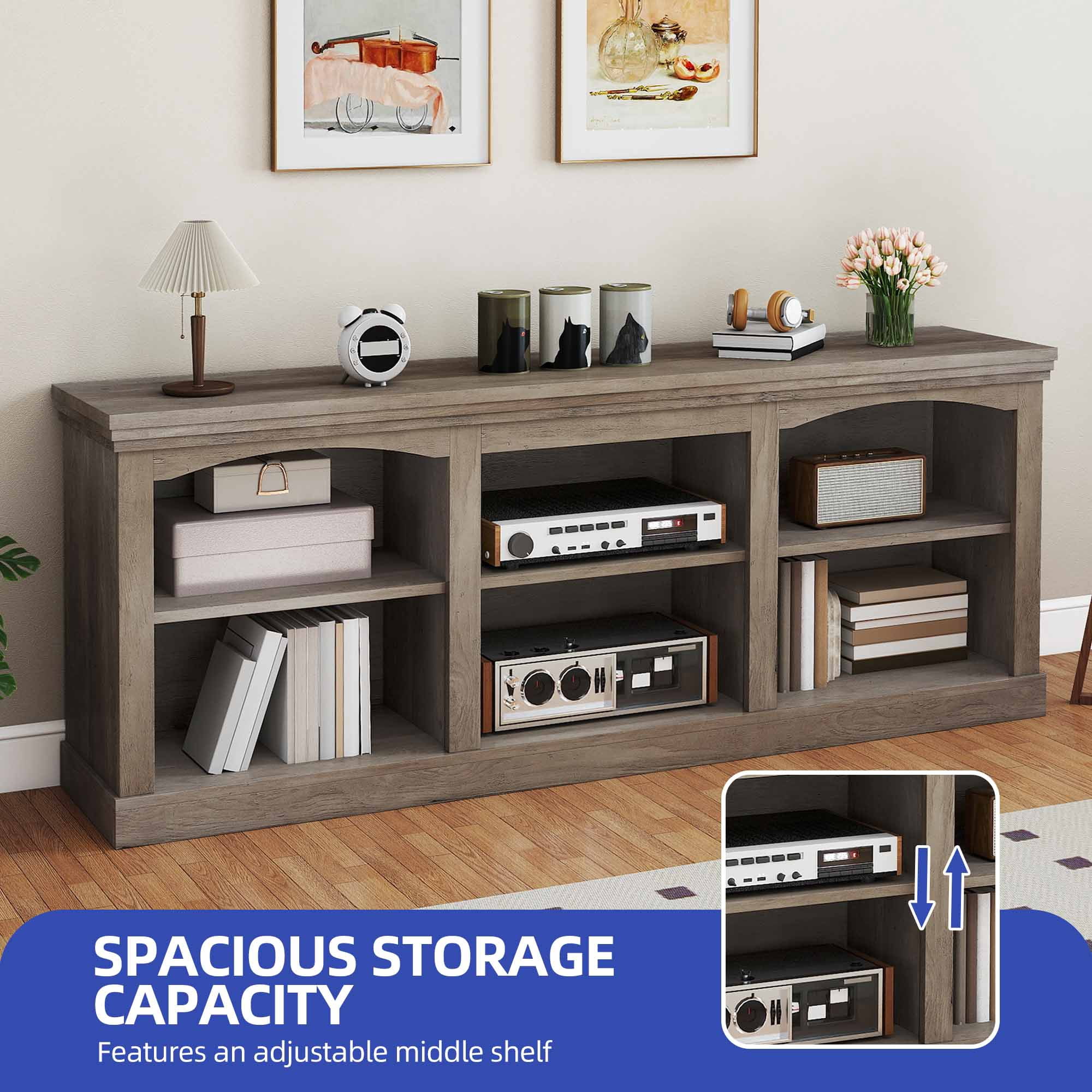 ModFusion 70” Washed Ash TV Cabinet, 6-Compartment Entertainment Center with Faux Thick Top, P2 Particleboard & Density Board Media Console, Rustic Storage Stand