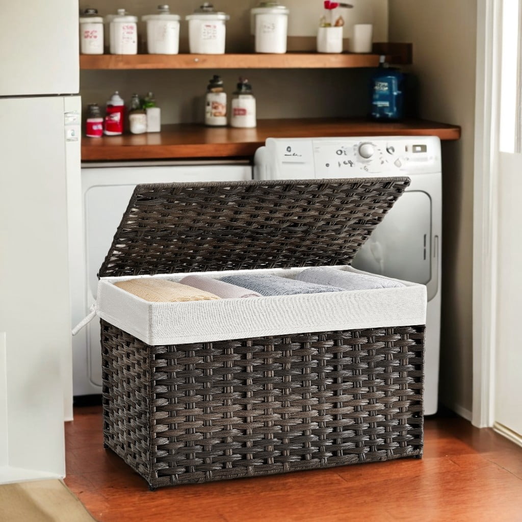 Brown Storage Basket with Lid, 27.7 Gallon (105L) Woven Bin. Features handles, removable liner, foldable design, and metal frame,