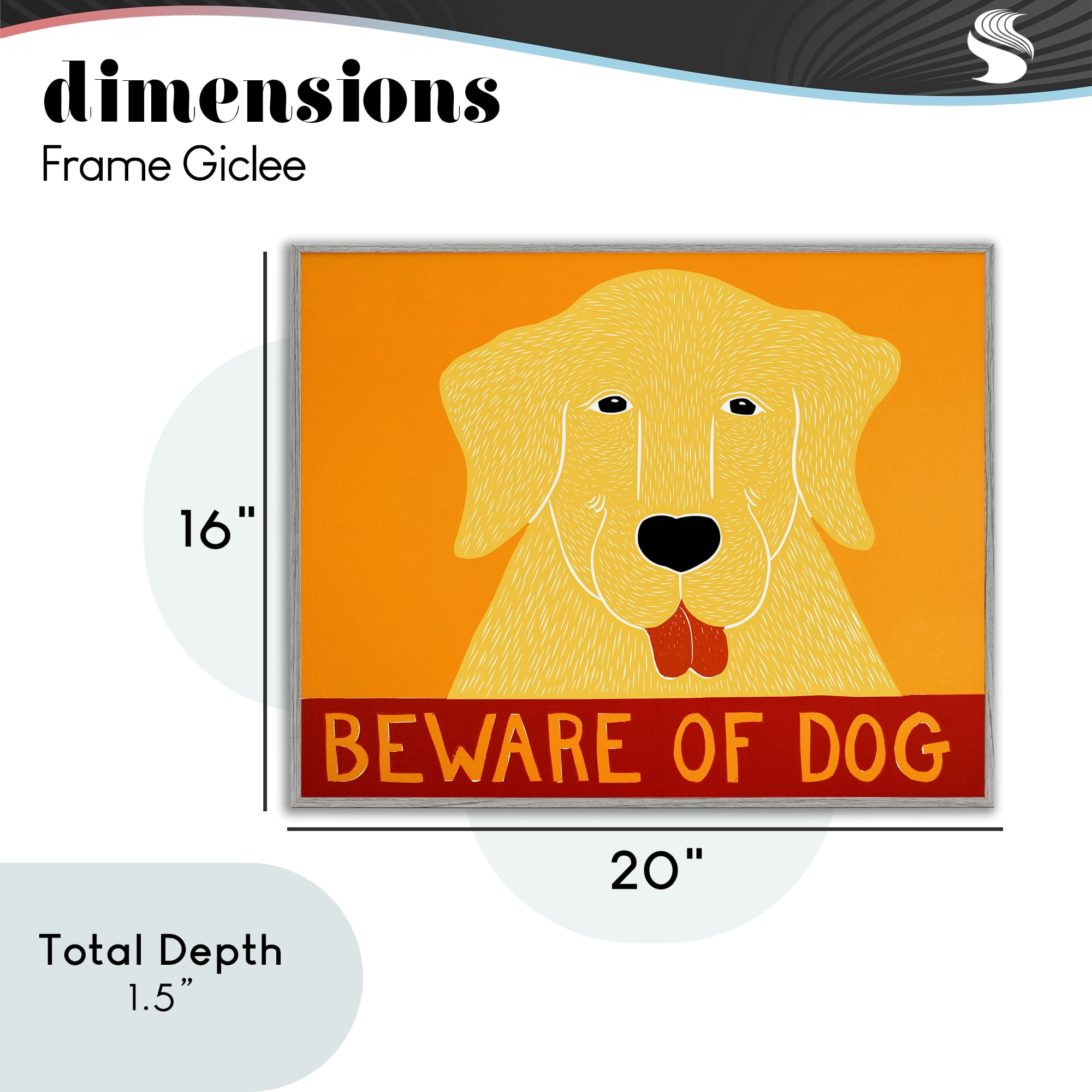 Beware Of Dog Yellow & Red Gray Framed Giclee Art, design by Stephen Huneck