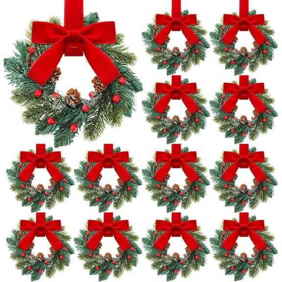 12 Pcs Mini Christmas Wreaths for Cabinet Kitchen Windows Decors Bulk with Red Bow Small Artificial Norfolk Farmhouse Wreaths with Berry Pine Cone for Fireplace Front Door Porch Wall Hanging