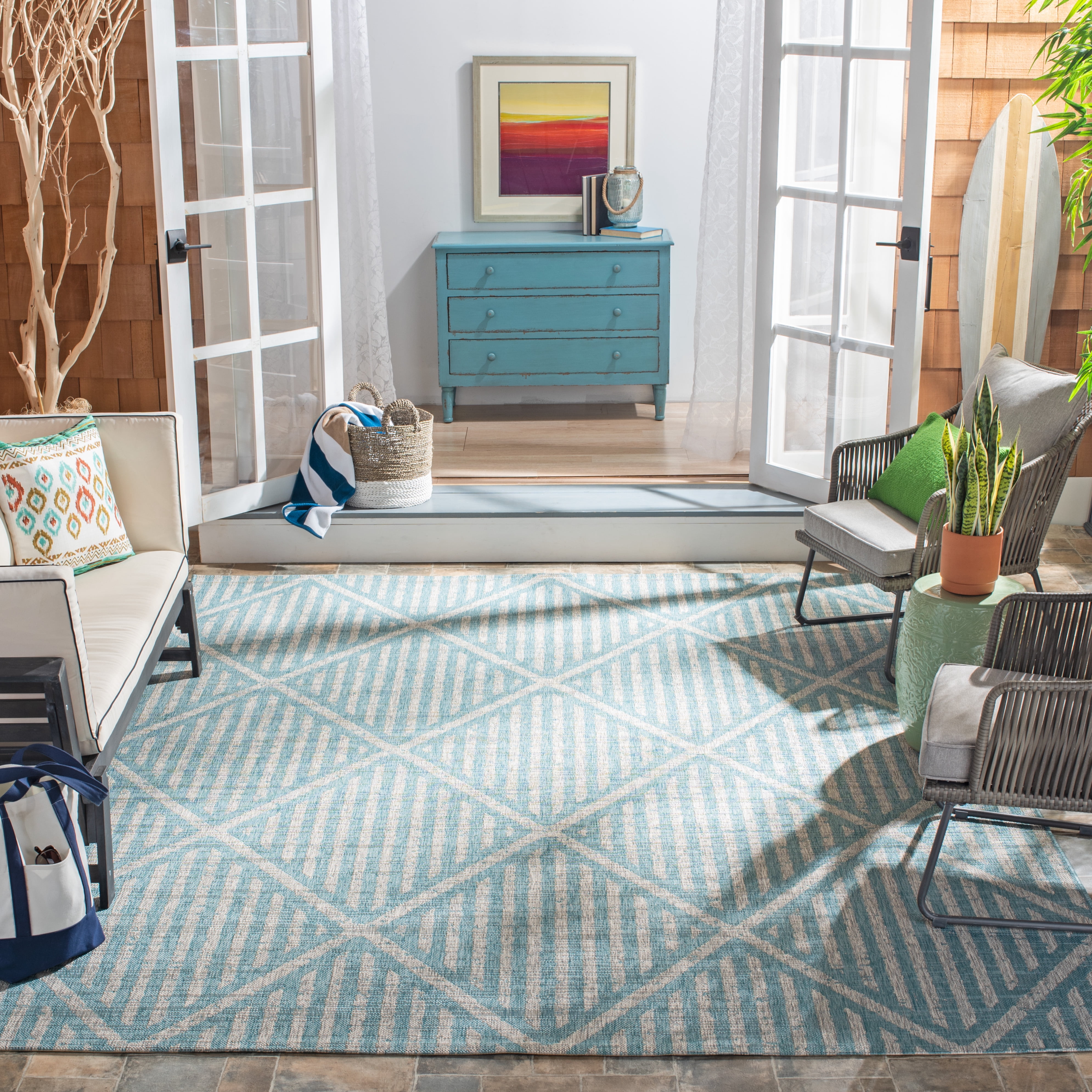 SAFAVIEH Courtyard Corinna Geometric Indoor/Outdoor Area Rug, Aqua/Grey, 6'7" x 6'7" Square