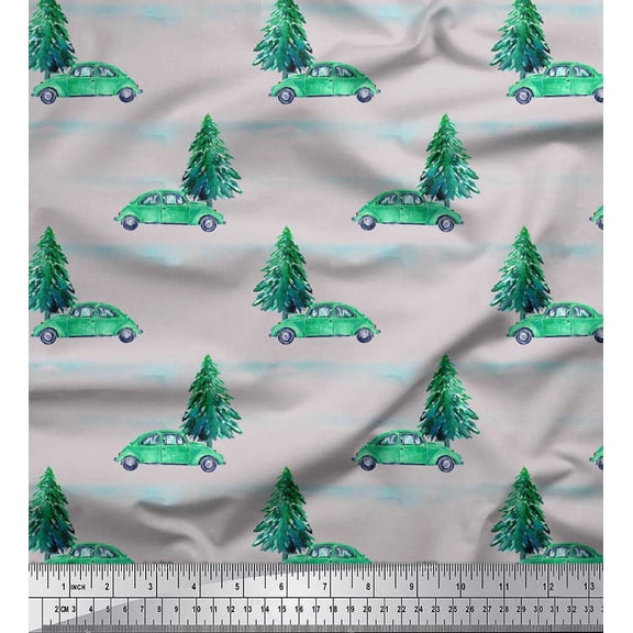 Soimoi Gray Moss Georgette Fabric Car & Cedar Tree Decor Fabric Printed Yard 42 Inch Wide