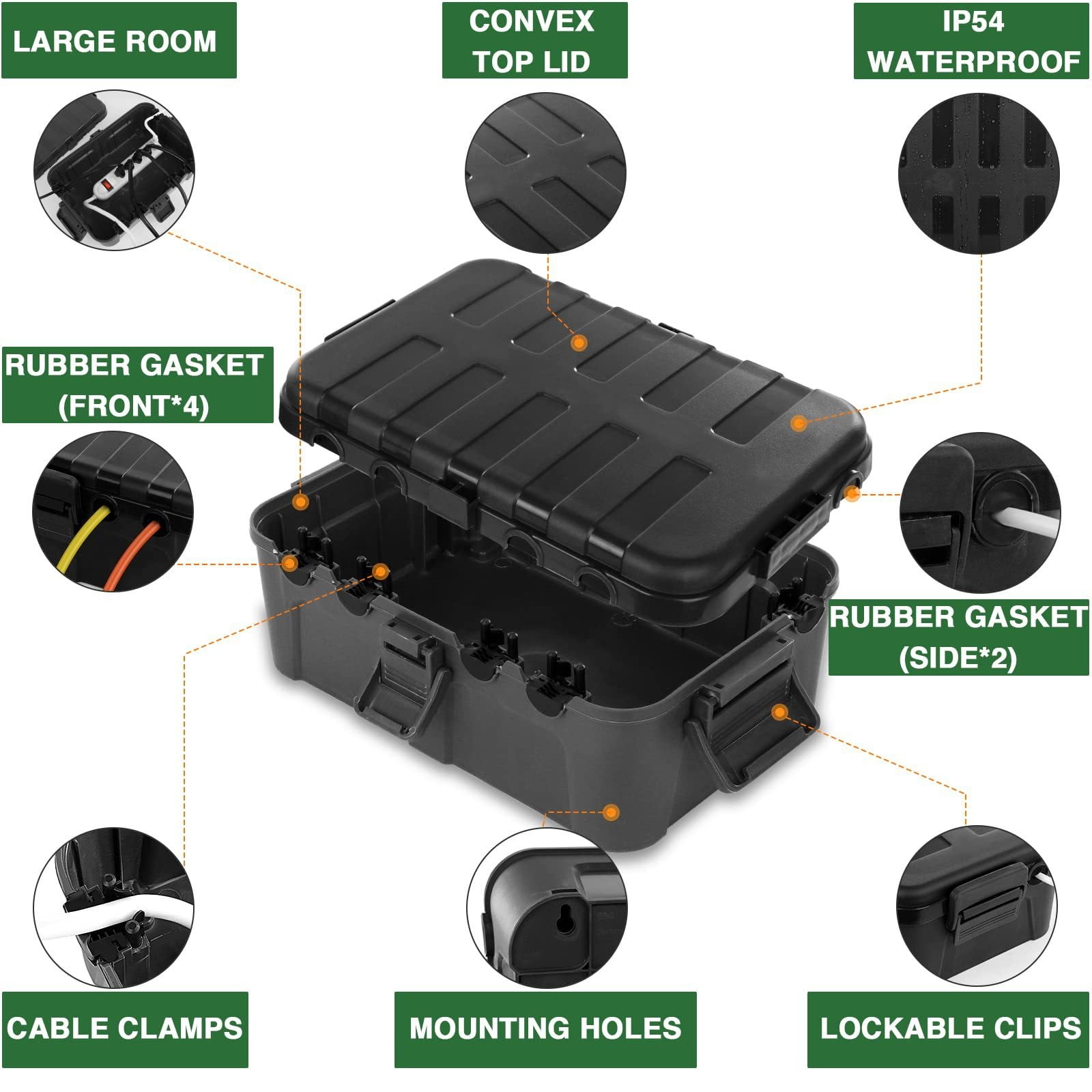 GARENAS Extra Large Outdoor Electrical (32 X 22 X 13 cm) IP54 Extension Cord Cover Plug Socket Timer Power Strip(Black)