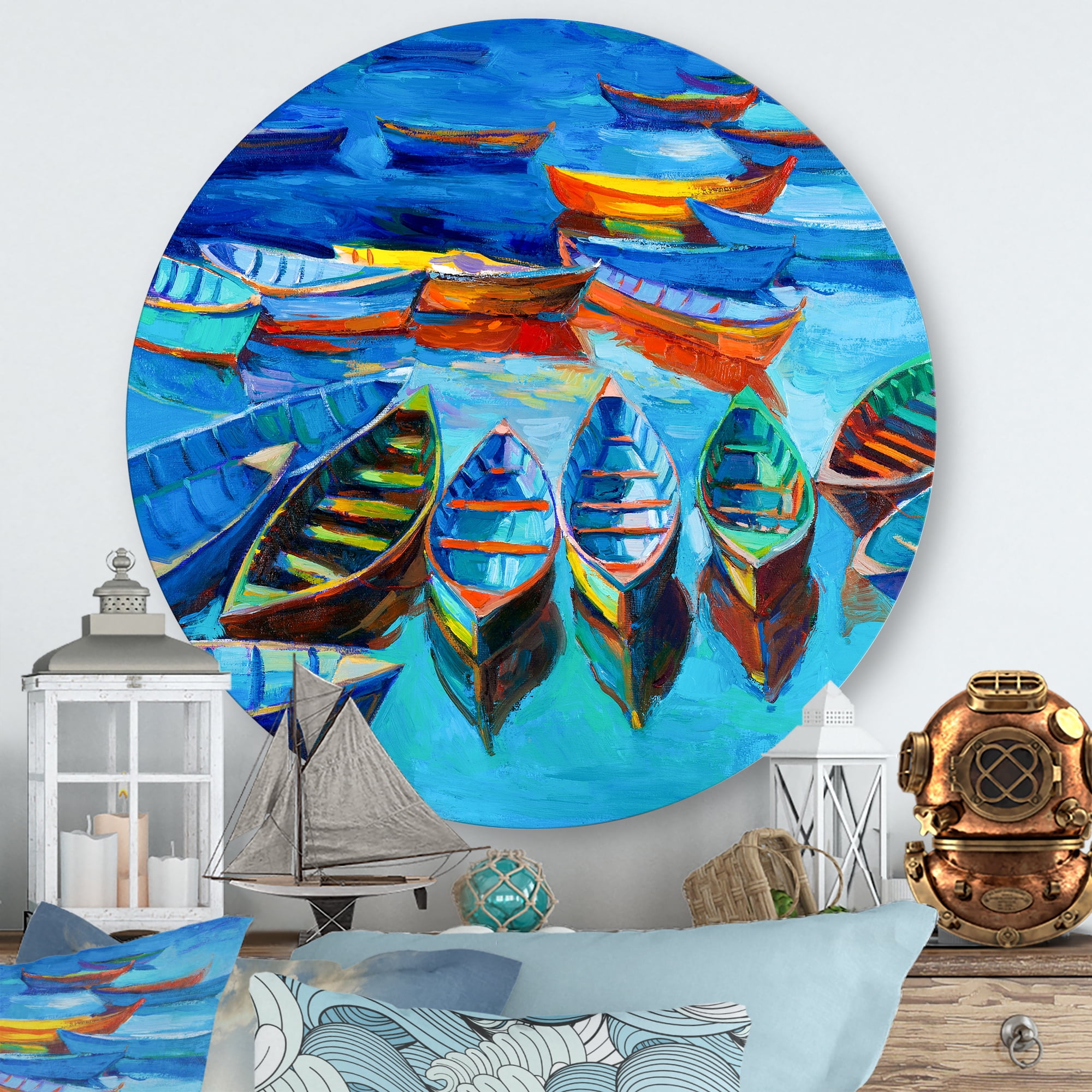 Designart 'Little Boats Wating In The Blue Harbour' Nautical & Coastal Circle Metal Wall Art 23x23 - Disc of 23