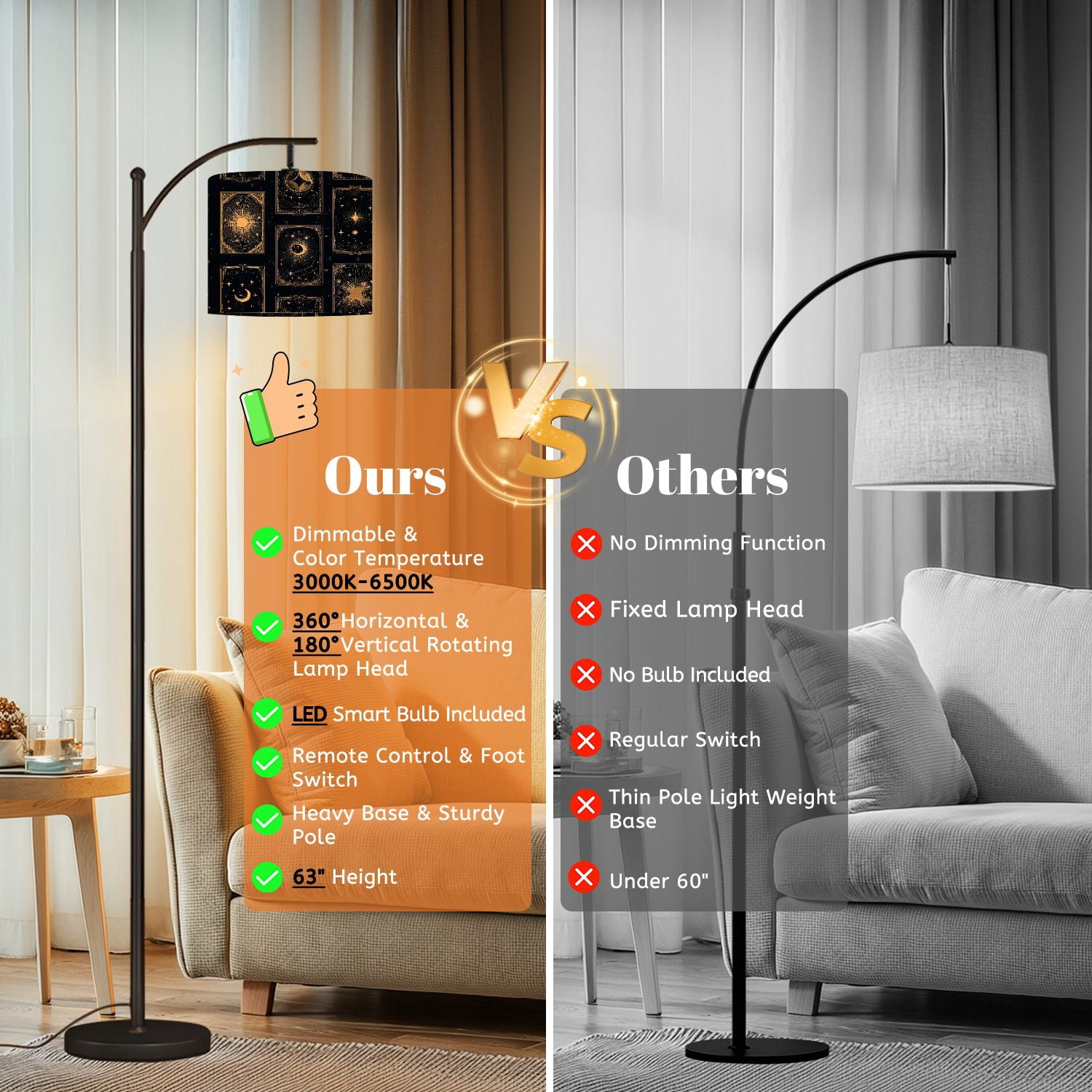 Arc Floor Lamp with Adjustable Lampshade Celestial Sun Moon Stars Gold Black Mystical Standing Lamp 3 Color Temperatures Dimmable Tall Pole Lamp with Foot Switch for Bedroom Reading Room