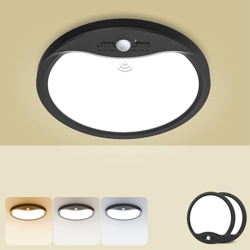 HOVMAP Rechargeable Motion Sensor Ceiling Light, Wired 18W 1800lm 3 Mode Timer Bright LED Flush Mount Light Fixture, Renter Friendly Ceiling Light, Garage Lights, 2Pcs 9" Infrared Sensing Black 3CCT