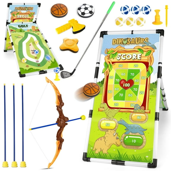 Hot Bee 7-in-1 Dinosaur Shooting Game Set for Kids, Dual-Sided Target with Bow and Arrows, Golf Toy, Sticky Balls & Toss Games, Indoor Outdoor Active Toy Gift for Boys Girls Ages 4-10