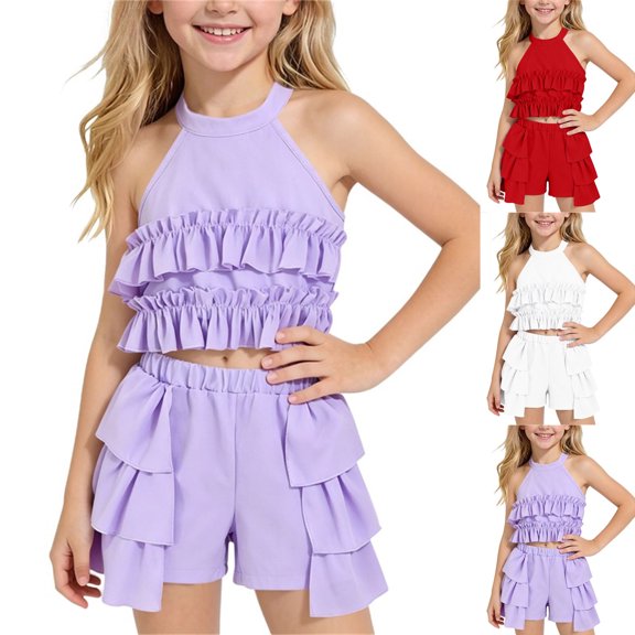 FRSASU Girl's 2PC Sets Elegant Summer Big Bow Beading Cami Top and Ruffles Beading Shorts Set Holiday Beachwear White